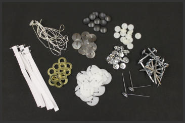 Button Shells, Button Backs, Tufting Straps, Prongs, Pretied Nylon Loops, Grommets